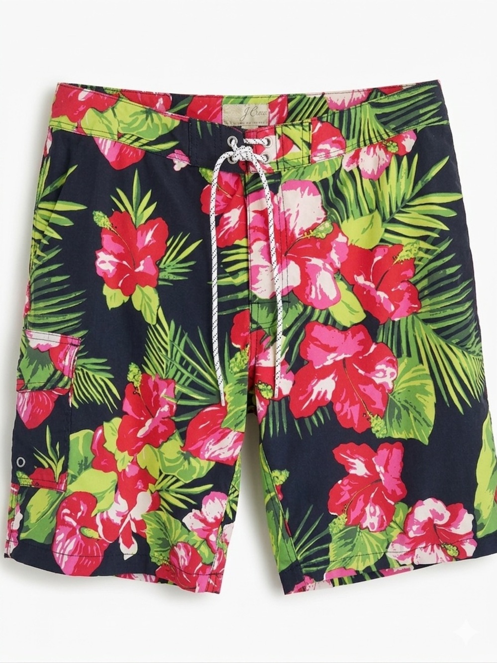 J. Crew Black Board Shorts with Pink Floral & Green Leaves, Size 34